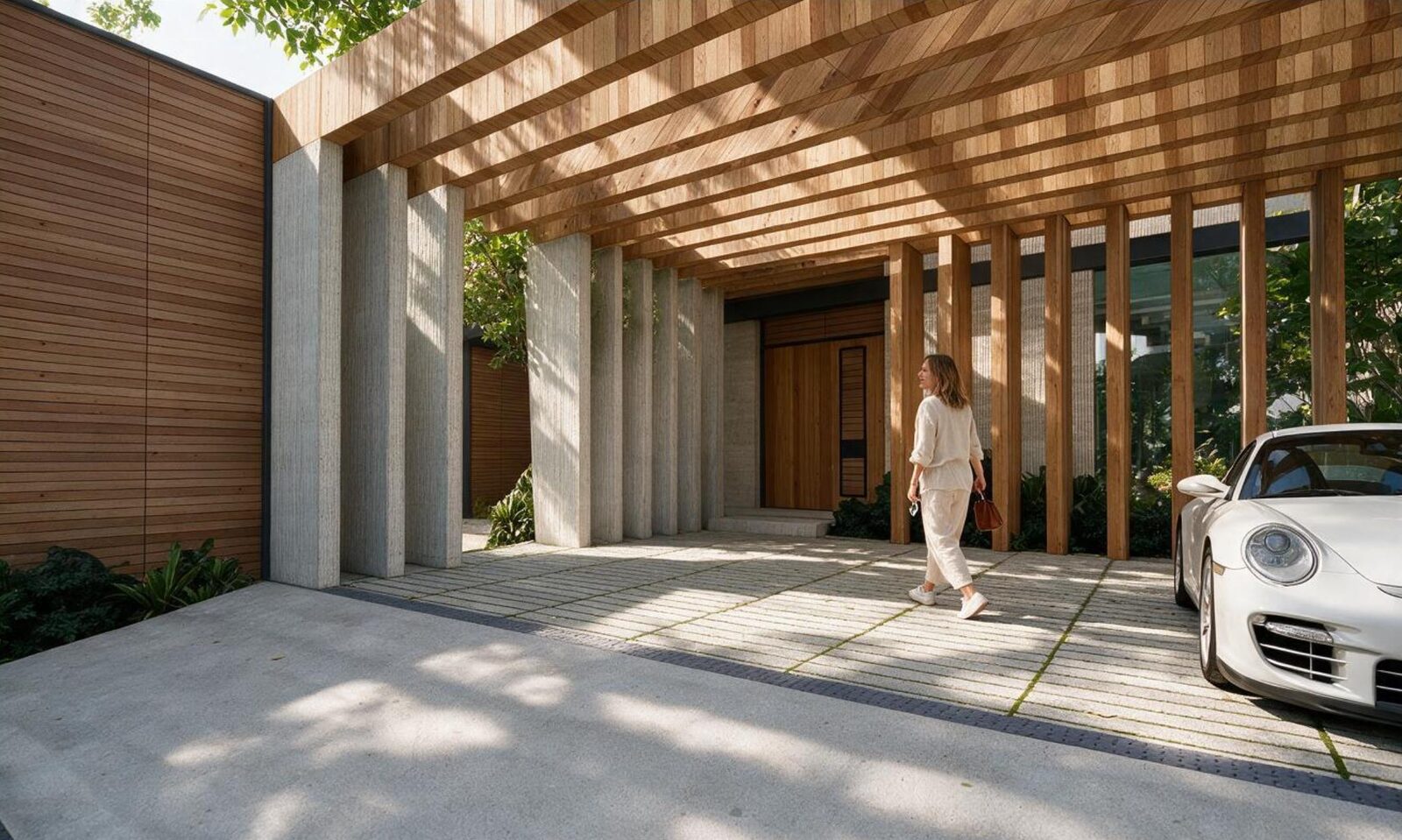 Acceso techado de Casa CD con pérgola de listones de madera, columnas de concreto y una mujer caminando hacia la entrada junto a un auto deportivo.