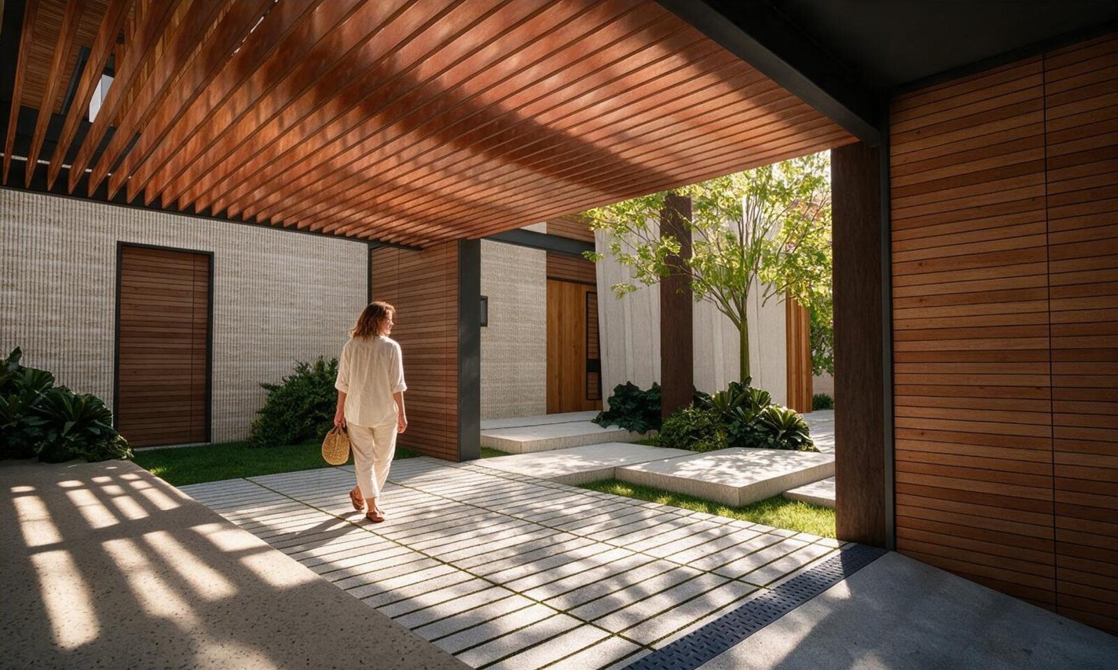 Pasillo cubierto entre volúmenes de bloque de concreto de Casa CD, con pérgola de madera y una mujer caminando hacia el interior de la vivienda.
