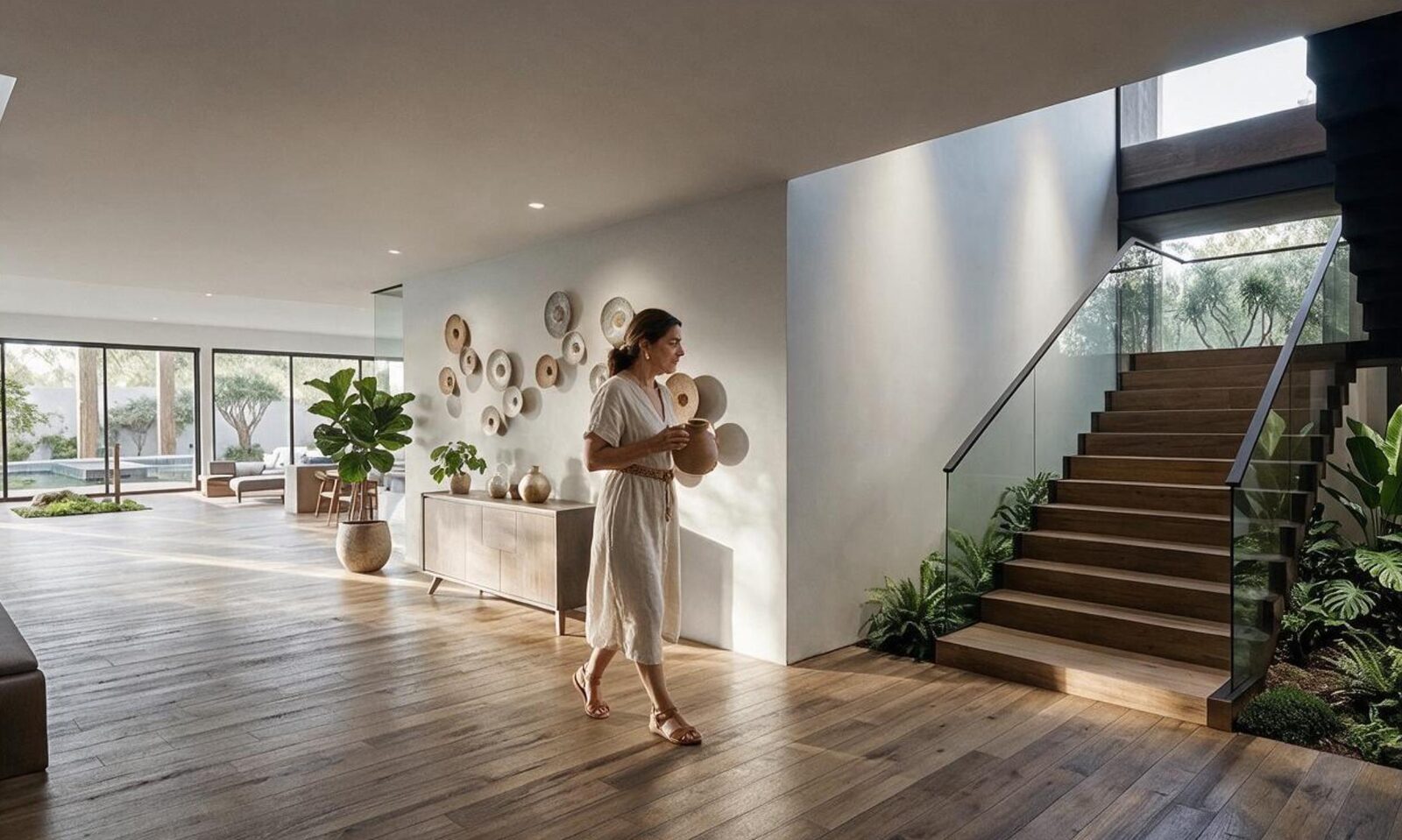 Vestíbulo interior de Casa CD con escalera de madera y vidrio, piezas decorativas en la pared y una mujer caminando hacia la sala.