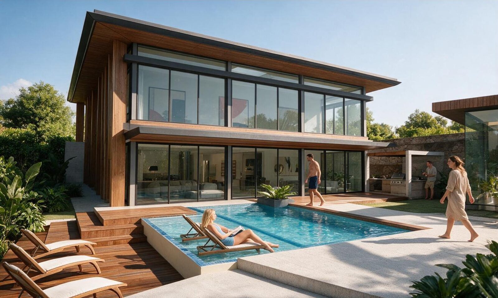 Vista exterior de Casa CD con piscina, fachada acristalada de doble altura y personas relajándose en el área de la piscina.