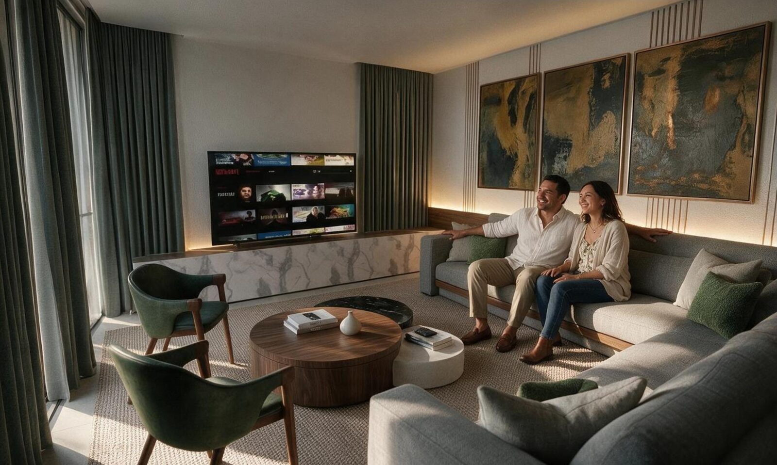 Sala de estar de Casa CD con una pareja viendo televisión en el sofá, sillones de cuero verde, mueble de mármol para TV y tríptico de arte en la pared.