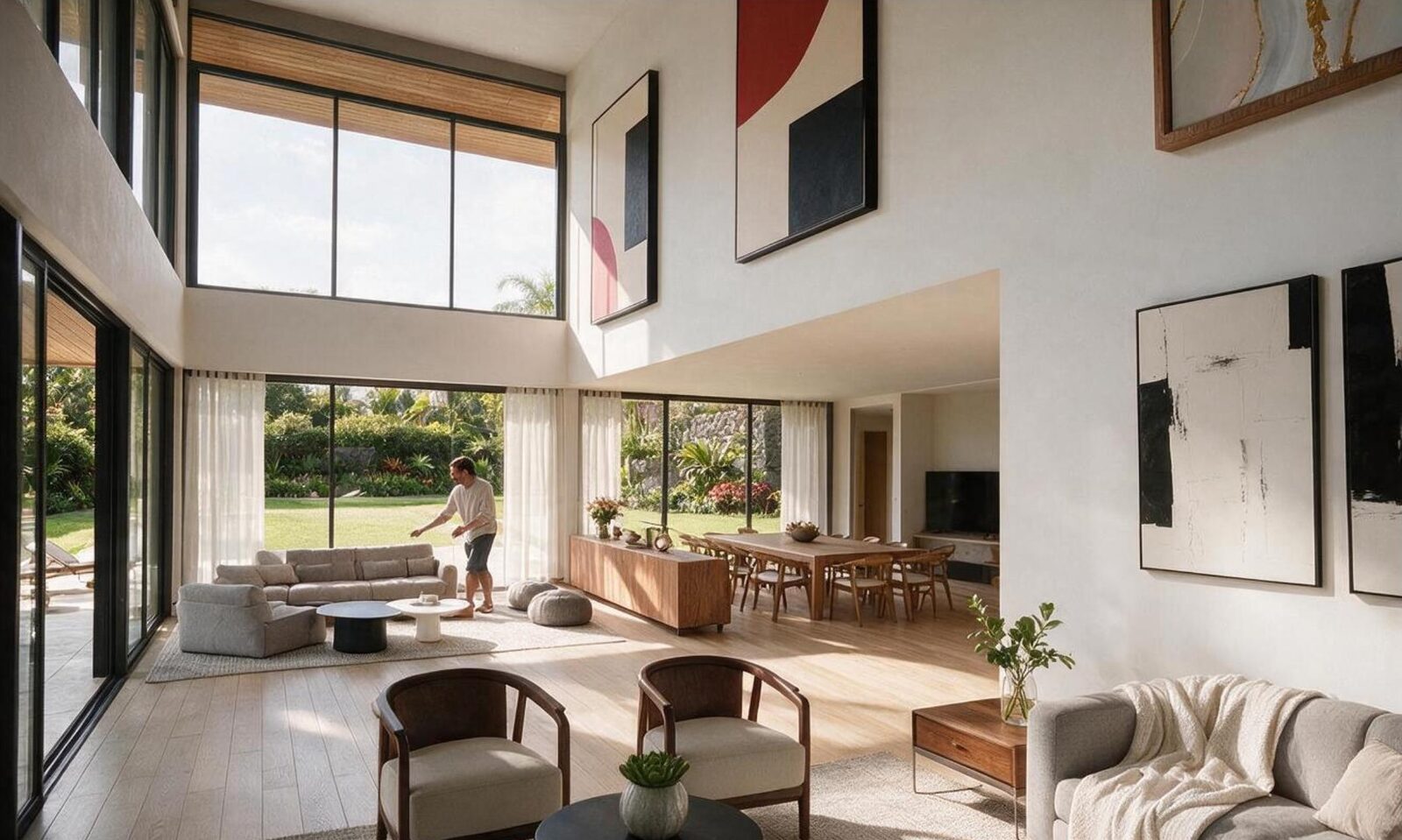 Sala de estar de doble altura en Casa CD con grandes ventanales hacia el jardín, obras de arte contemporáneo y mobiliario en tonos neutros.