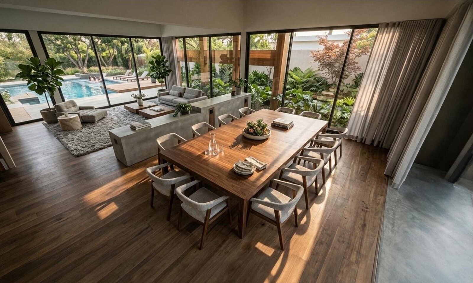 Comedor de planta abierta en Casa CD con mesa de madera maciza, sala de estar al fondo y muro cortina de vidrio hacia la piscina y el jardín.