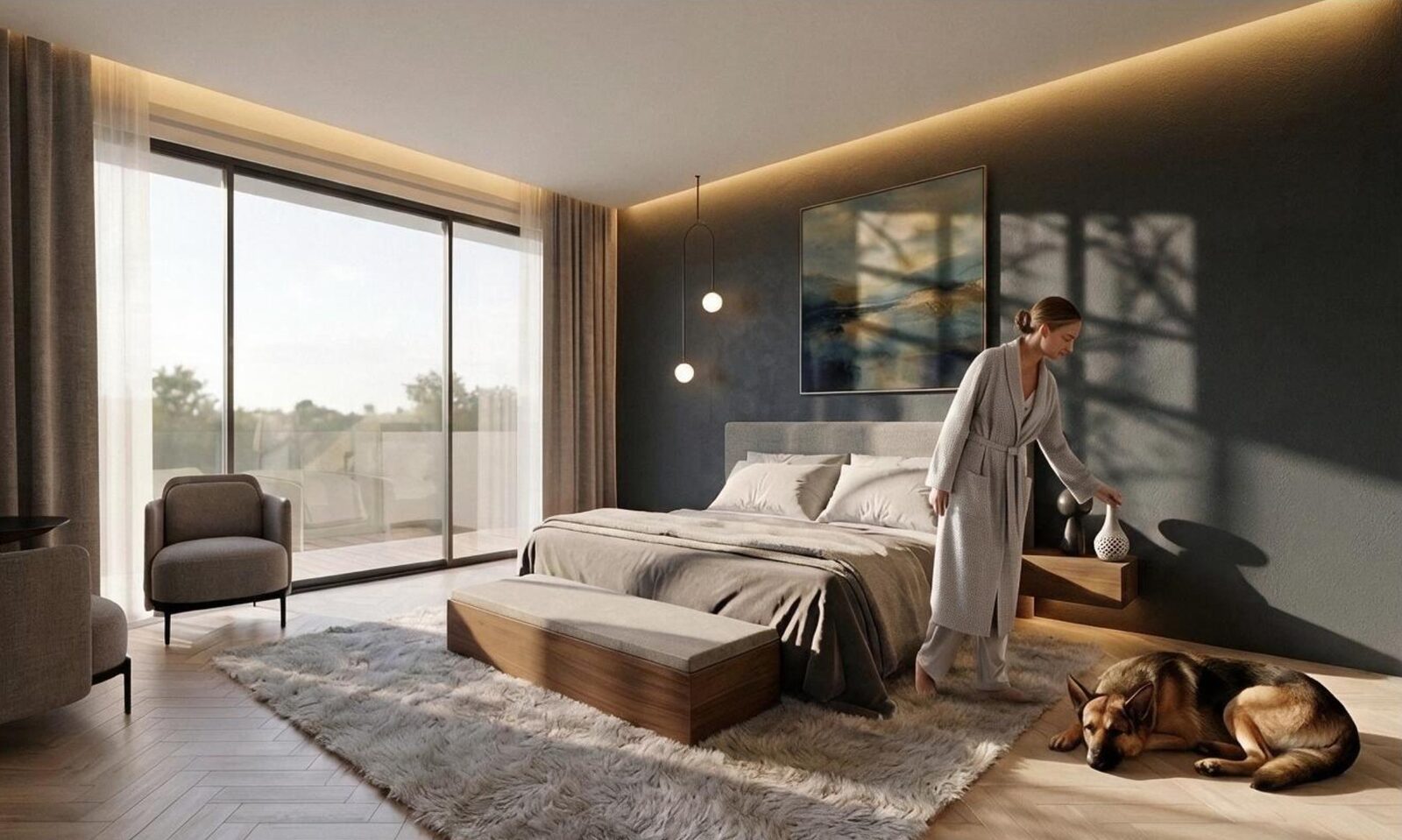 Habitación principal de Casa CD con vista al jardín, una mujer en bata junto a la cama y un perro pastor alemán descansando en la alfombra.