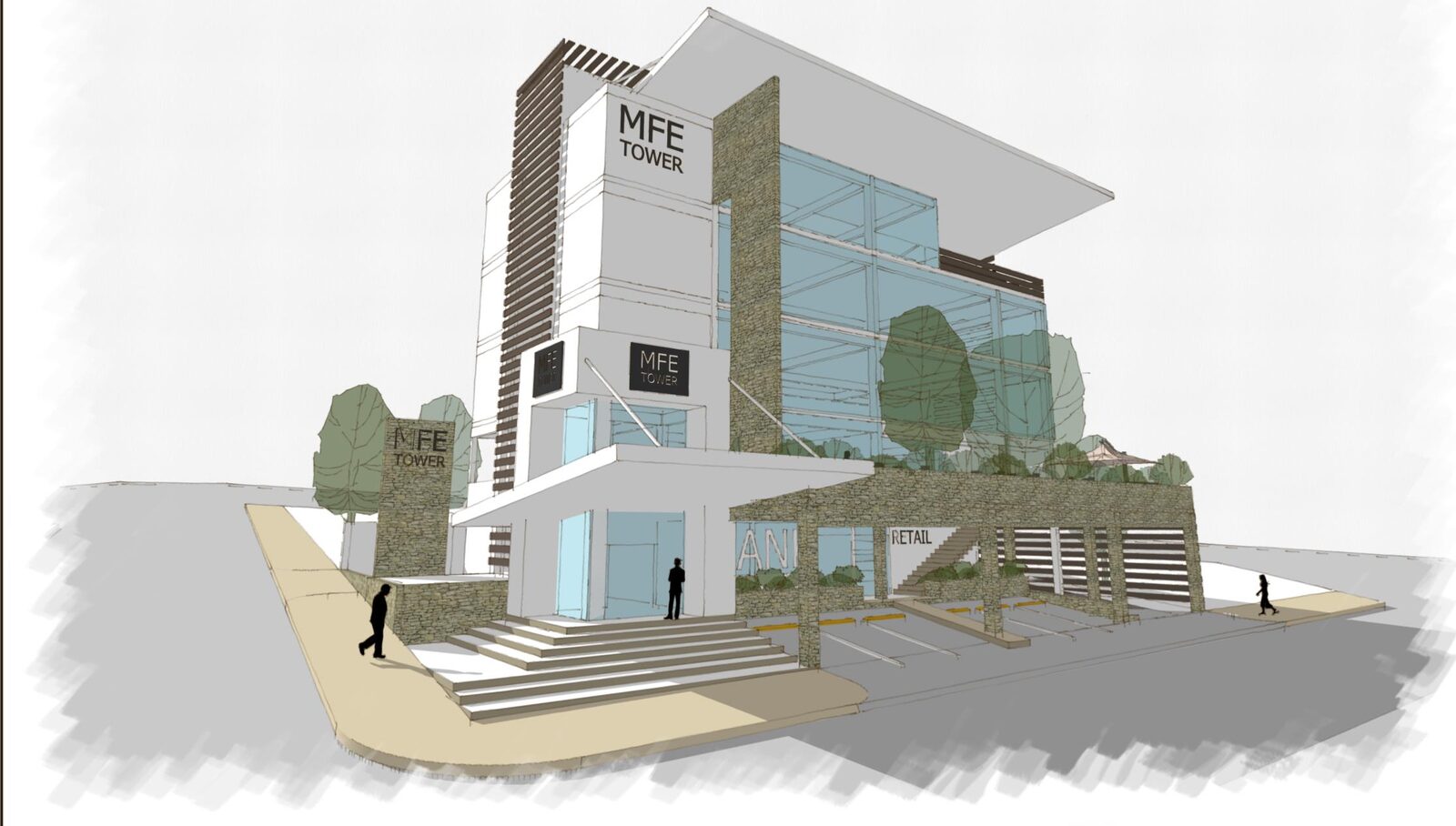 Boceto conceptual de MFE Tower mostrando el acceso peatonal de esquina, con volumen de retail en planta baja y estacionamiento techado.