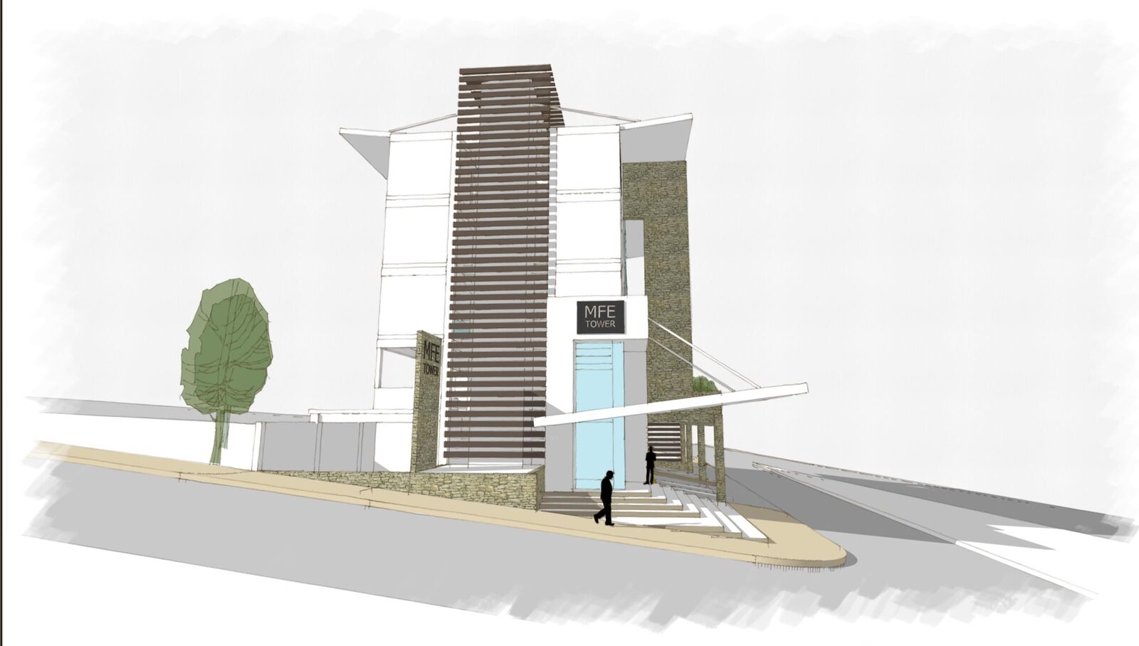 Segundo boceto conceptual del acceso peatonal de esquina de MFE Tower, mostrando la volumetría de la torre y el zócalo comercial.