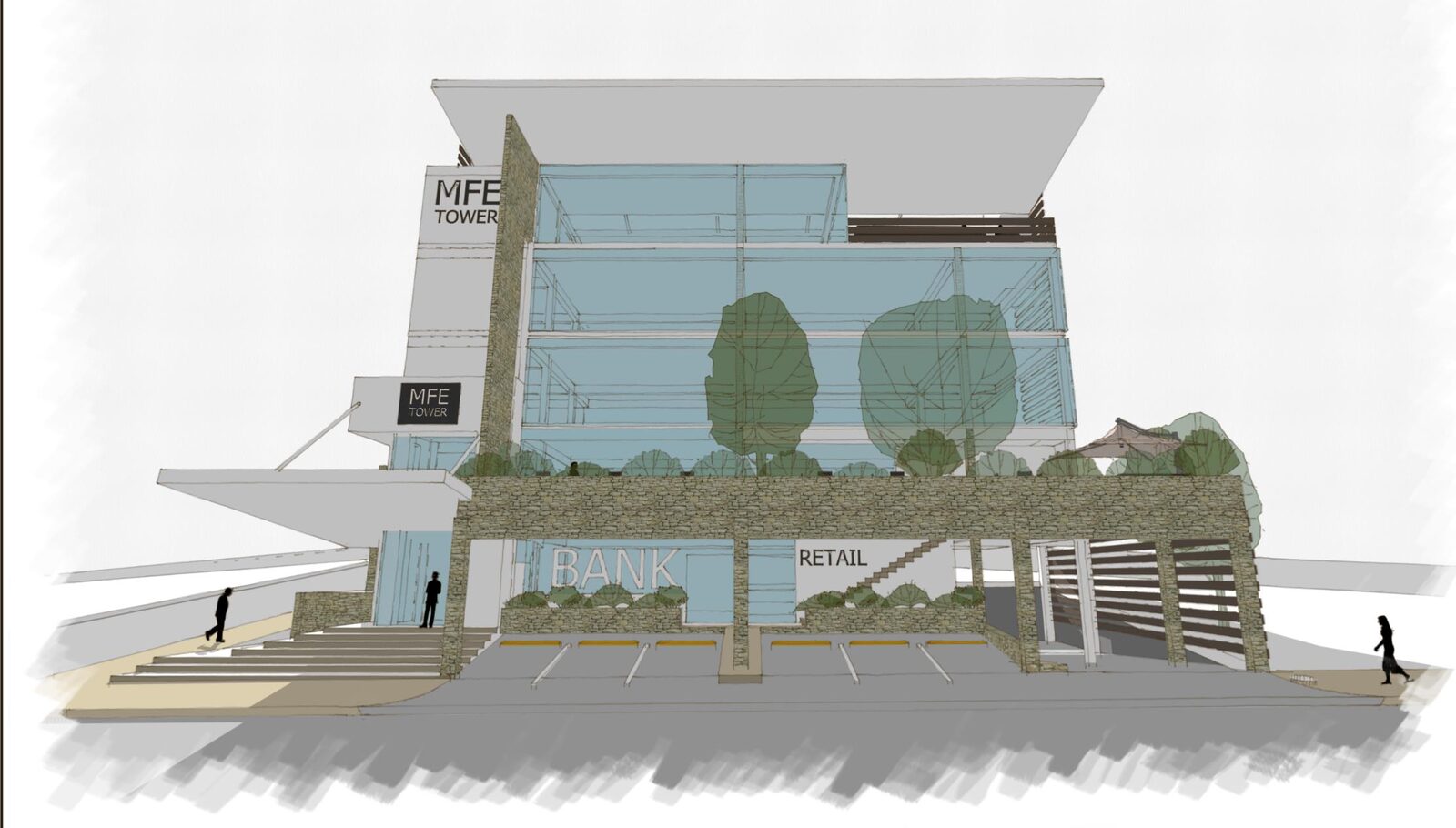 Boceto conceptual de la elevación principal de MFE Tower con rótulos de banco y retail en planta baja y estacionamiento cubierto lateral.