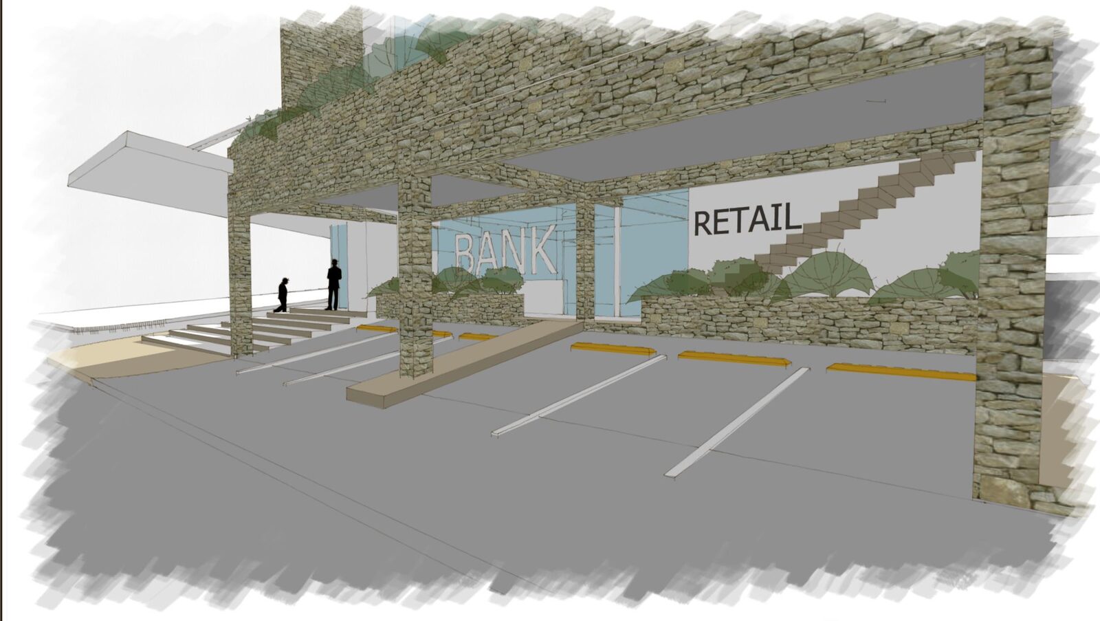 Boceto conceptual del área de estacionamiento techado de MFE Tower con muro de piedra y rótulos de banco y retail.