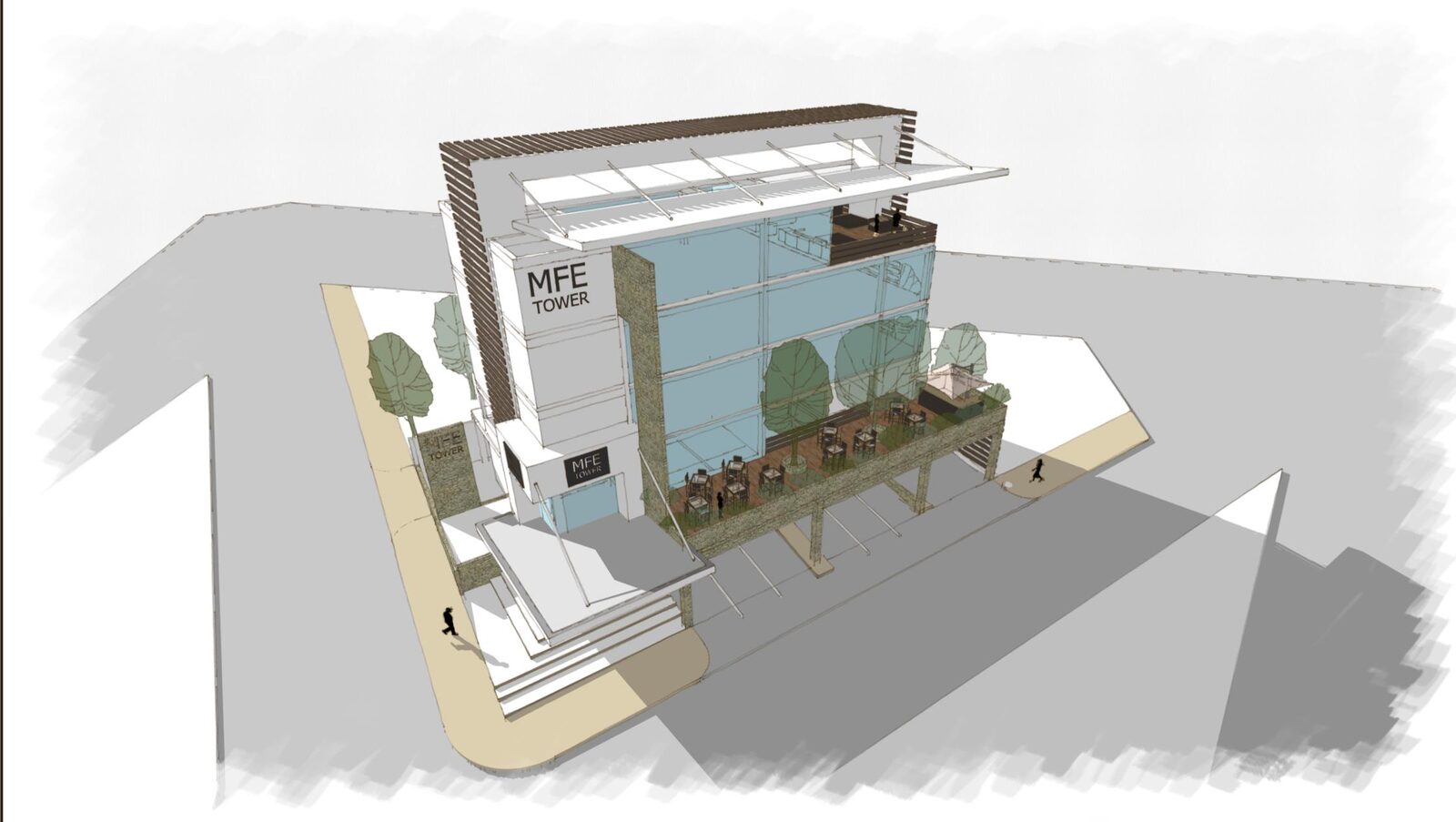 Boceto conceptual en vista aérea de MFE Tower mostrando la terraza con área de mesas sobre el volumen de retail.