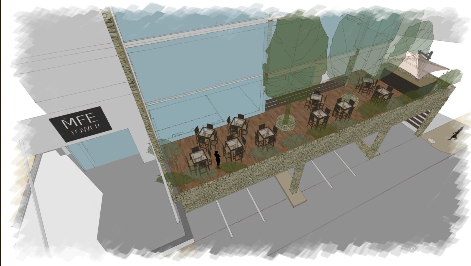 Boceto conceptual de la terraza del segundo nivel de MFE Tower con mesas, sombrillas y árboles integrados al diseño.