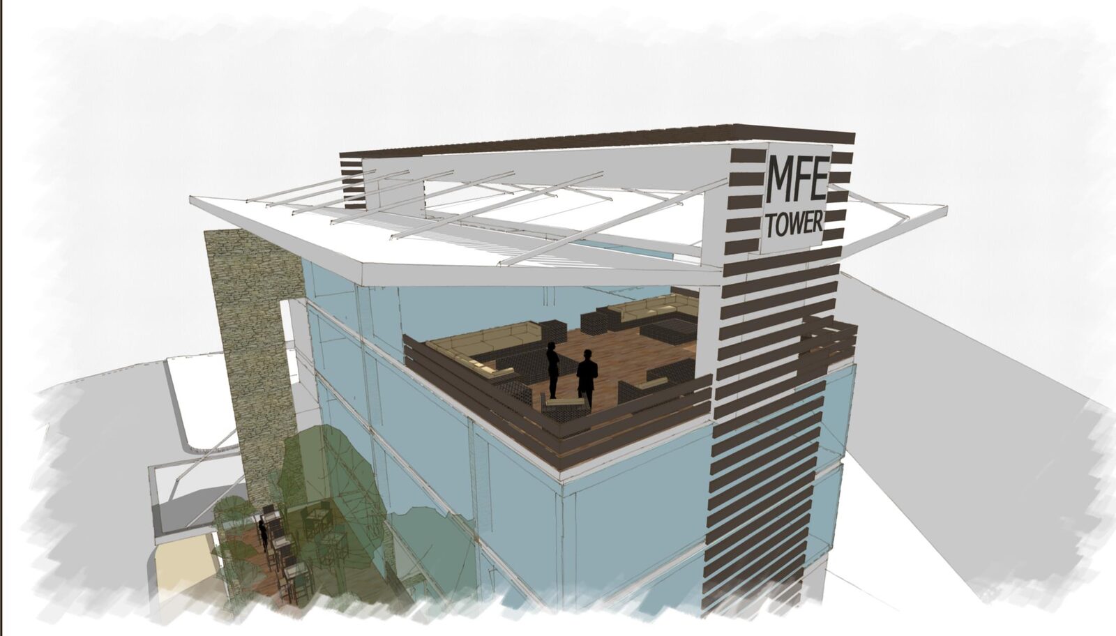 Boceto conceptual del área de azotea de MFE Tower con el rótulo de la torre y zonas de estar techadas.