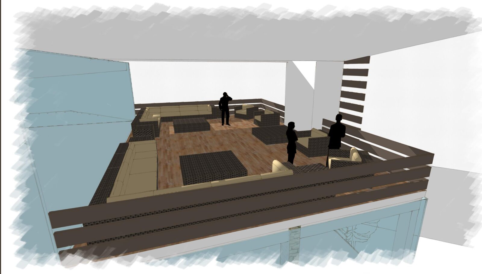 Boceto conceptual del lounge en la azotea de MFE Tower con mesas bajas, asientos y personas en el espacio techado.