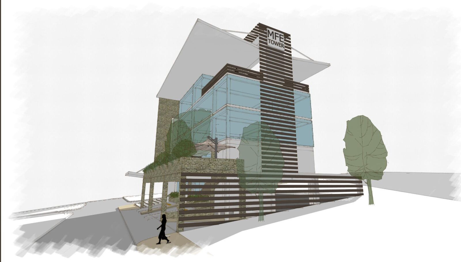 Boceto conceptual de la esquina opuesta de MFE Tower mostrando la torre revestida en madera oscura y el zócalo comercial acristalado.