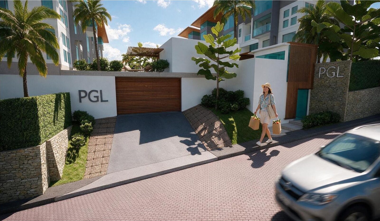 Entrada vehicular de Pepinier Garden Living con portón de madera, rótulo PGL en el muro y una mujer caminando con bolsas de compras.