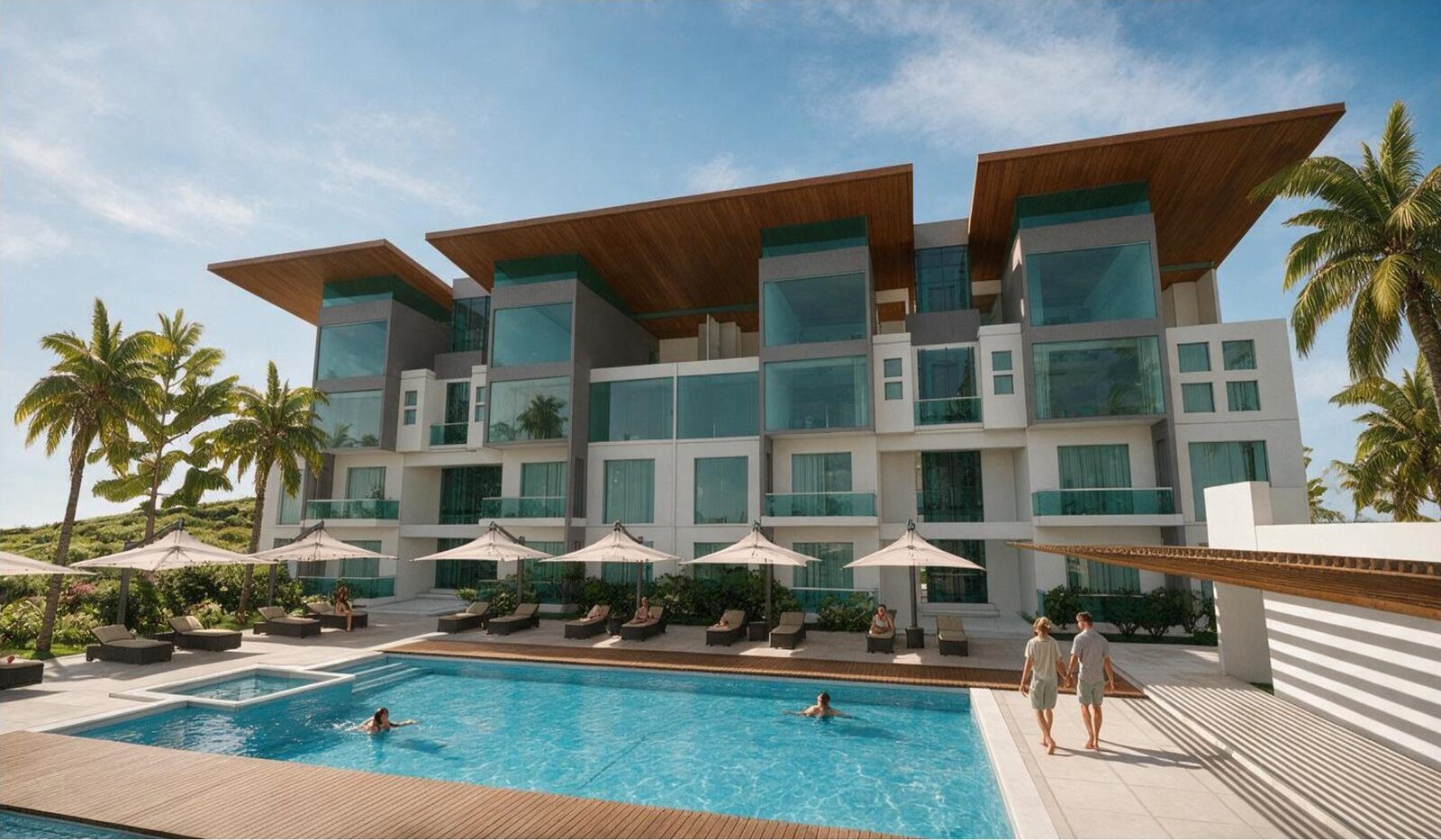 Piscina de Pepinier Garden Living junto al edificio residencial, con sombrillas, camastros y una pareja caminando por el deck de madera.