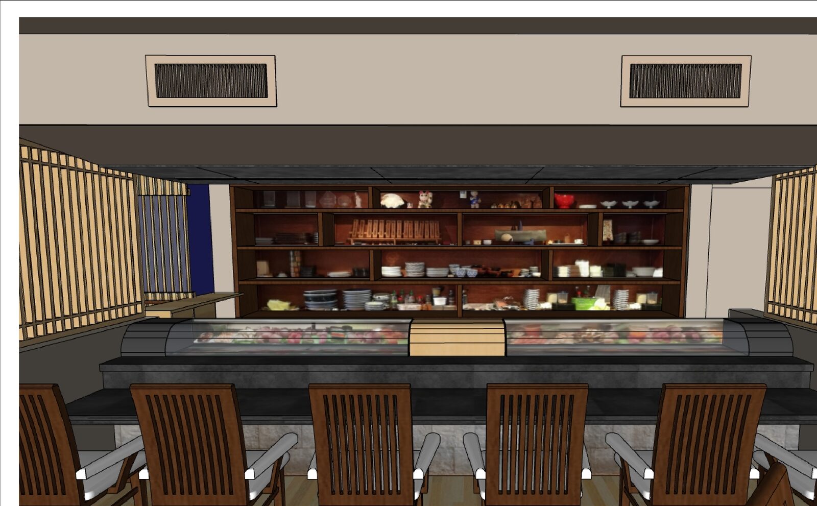 Render del estado actual de la barra de sushi de Samurai, con vitrina refrigerada, estantería de madera con vajilla y sillas de comedor.