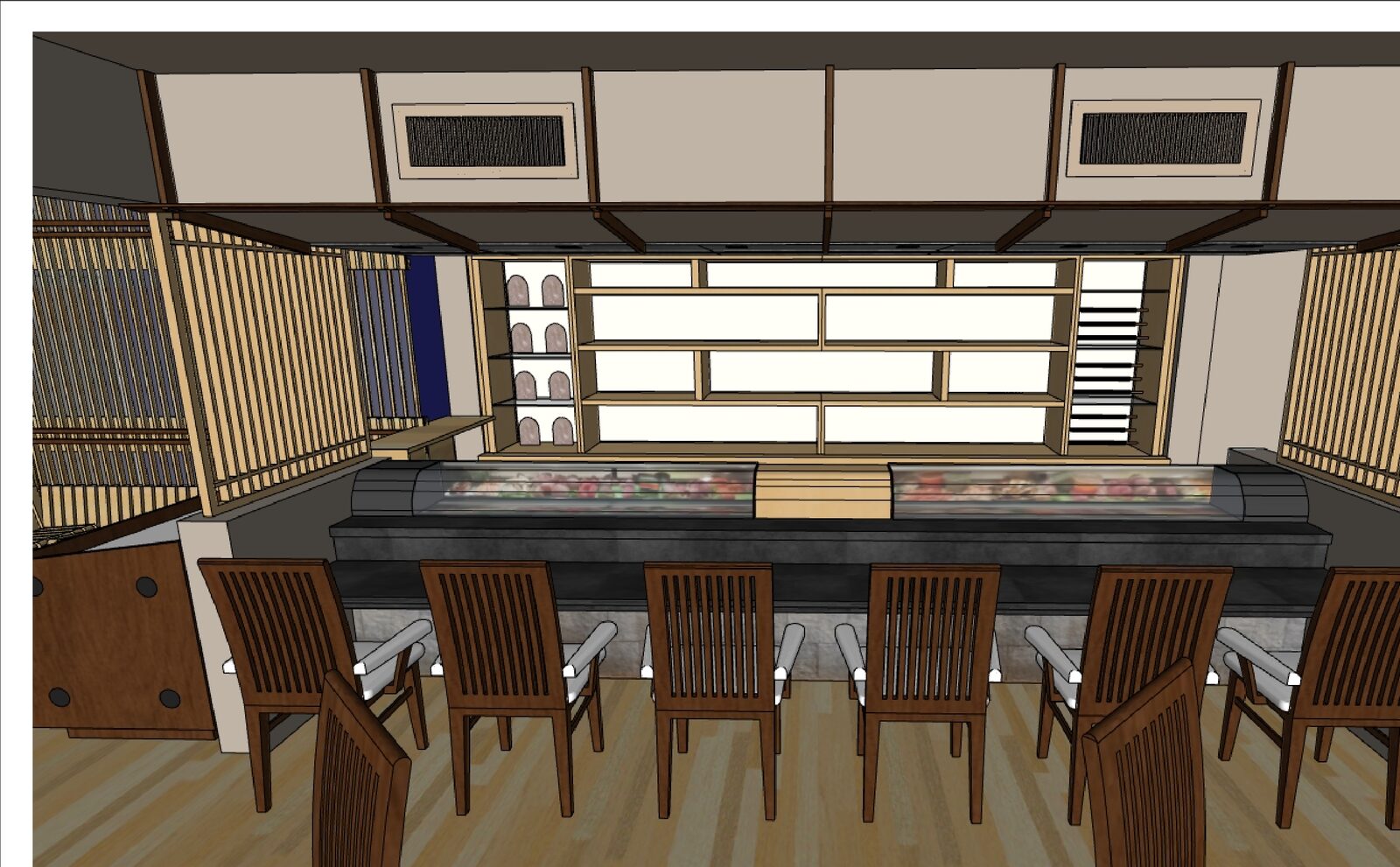 Render del diseño propuesto para la barra de sushi de Samurai, con estantería rediseñada en madera clara y nuevo mobiliario de comedor.