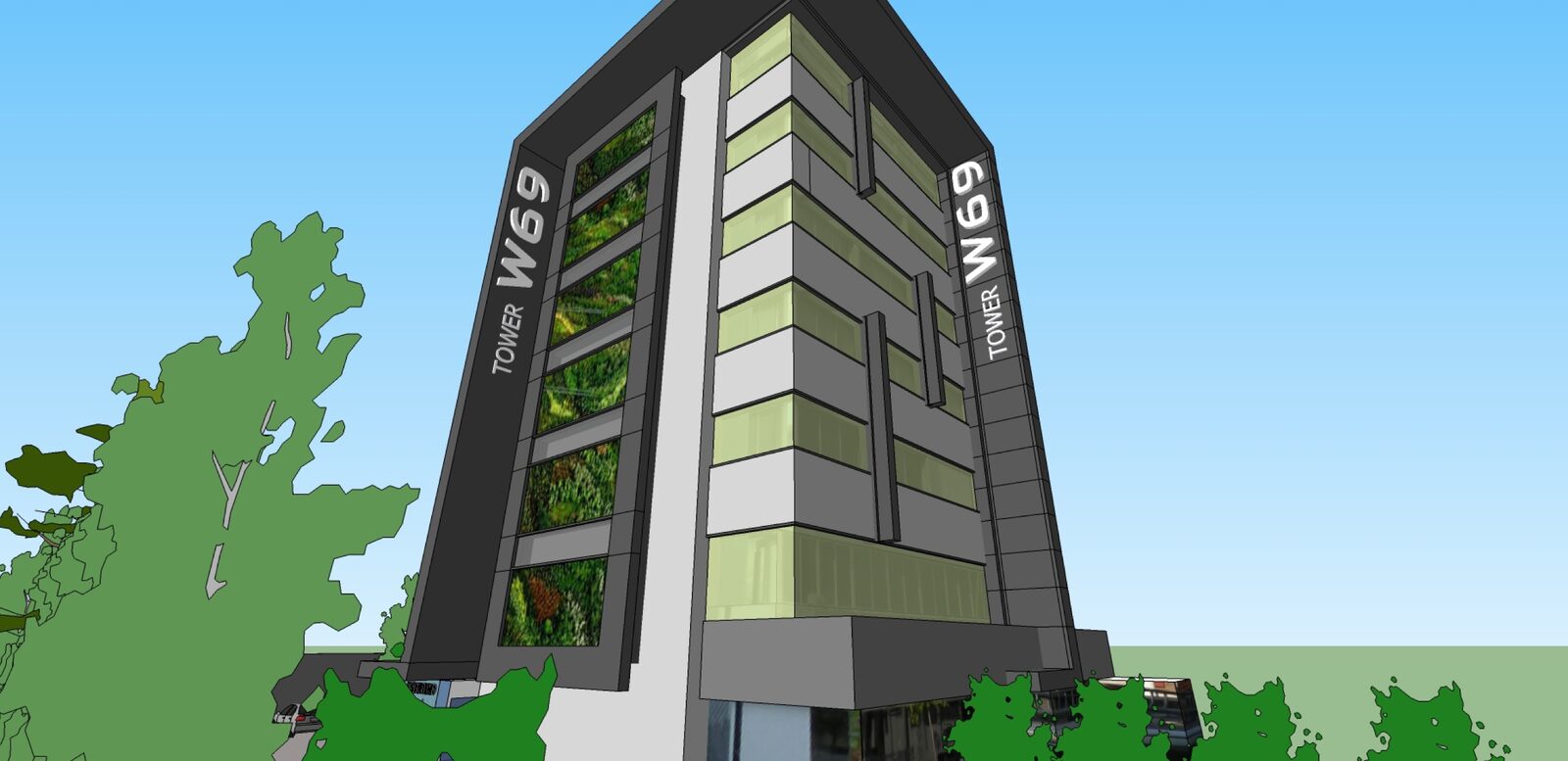 Render en contrapicado de la propuesta de renovación de Tower W69, con paneles blancos y bandas de jardín vertical verde.