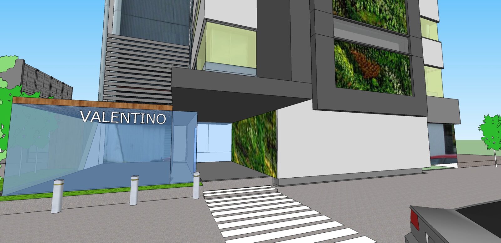Render del zócalo peatonal propuesto para Tower W69 con vitrina de la marca Valentino y jardín vertical en el acceso techado.