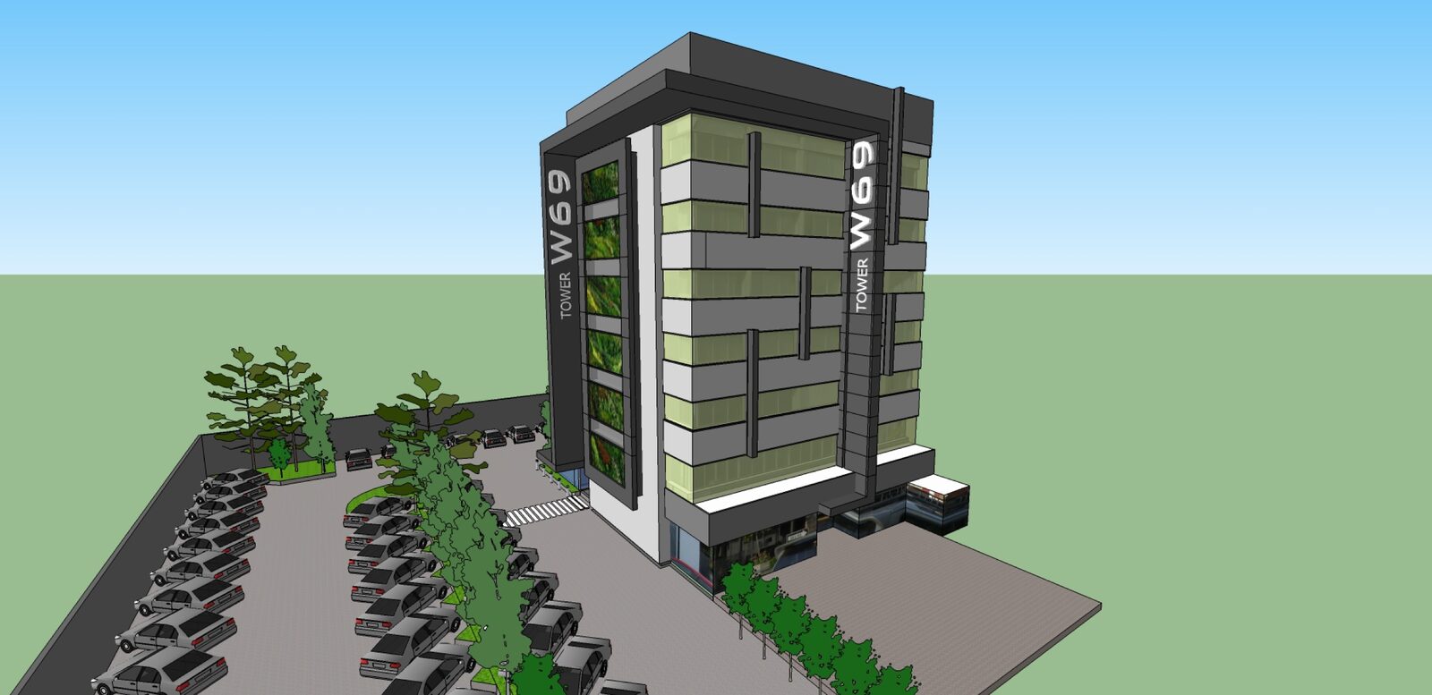 Render en vista aérea del conjunto propuesto para Tower W69 mostrando la torre renovada y el área de estacionamiento del predio.